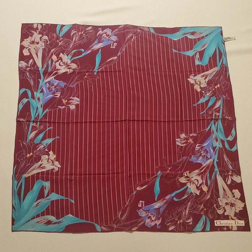 Dior Burgundy and Teal Silk Floral Scarf